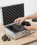 Premium Aluminum Alloy Tool Box with Foam Interior and Sturdy Handle for Safe Transit and Organized Storage of Tools or Valuable Items Travel Friendly Hard Shell Container that Keeps Your Gear Lock Tight with interior foam arrangement.