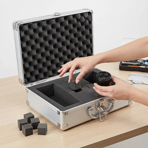 Premium Aluminum Alloy Tool Box with Foam Interior and Sturdy Handle for Safe Transit and Organized Storage of Tools or Valuable Items Travel Friendly Hard Shell Container that Keeps Your Gear Lock Tight with interior foam arrangement.