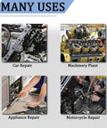 Collage showing C Hook Spanner Wrench used in car, appliance, motorcycle repair, and machinery plant with text 'MANY USES'