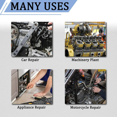 Collage showing C Hook Spanner Wrench used in car, appliance, motorcycle repair, and machinery plant with text 'MANY USES'