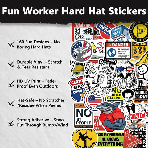 160 Pcs Funny Blue Collar Hard Hat Stickers For Adults Men Waterproof Vinyl Set shown with colorful designs