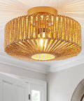 Boho Rattan Ceiling Light Fixture Hand Woven Cage Shade Semi Flush Mount Farmhouse Style Close To Ceiling Lamp for Bedroom Kitchen