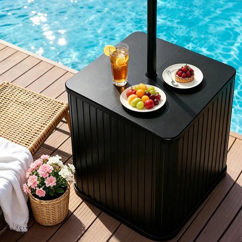 Dope 2 In 1 Outdoor Umbrella Stand Side Table With 1.5 To 1.6 Inch Hole next to pool with drinks and fruit on top