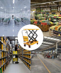 Rock Solid Double Scissor Hydraulic Lift Table Cart 770 Lb Capacity Adjustable Platform for Garage Work shown in warehouse settings.
