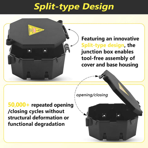 Open Splice Junction Box For Electrical Wiring Single Unit No Fuss Easy Install No Wire Disconnections Flame Retardant Polycarbonate Housing Durable Construction Screw Cover For Quick Access And Secure Connections, split-type design
