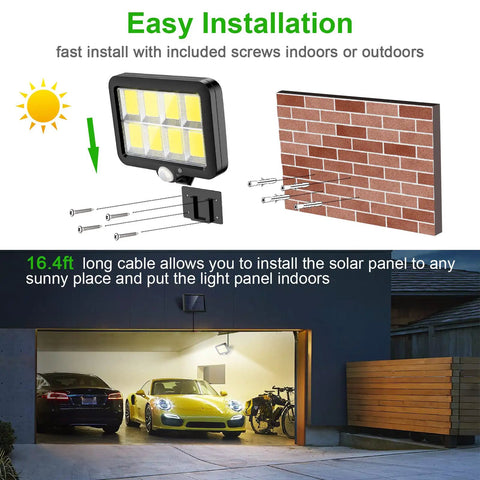 Installation of Solar Motion Sensor Outdoor Light Ultra Bright 320 COB LEDs 16.4 Ft Cable on garage wall