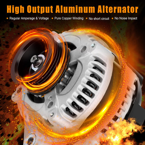 High Output Aluminum Alternator with pure copper winding and regular amperage for Beefy 130 Amp Alternator Replacement For Honda Pilot 2003-2004, Odyssey 2002-2004, Acura MDX 2001-2002 V6 3.5L Drop-In Fit, 12 Volt, Replaces 104210-3090 And 31100-PGK-A02, Low Friction Bearings For Quiet, Smooth Charging.