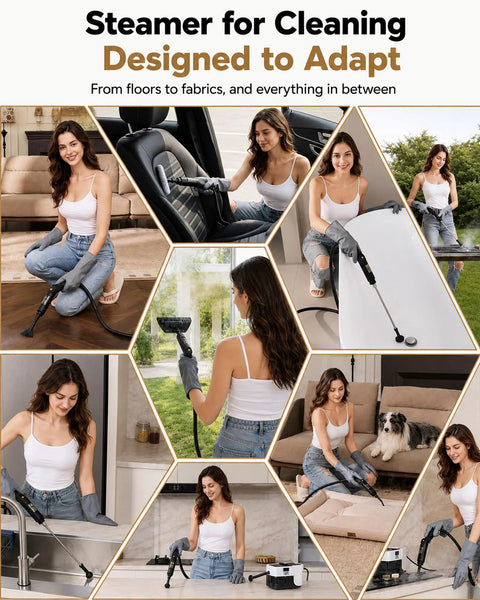Gevolcm G1 Pro Steam Cleaner With 3 Level Adjustable Handle And 18 Accessories White Portable Handheld Engine used for cleaning floors and fabrics.