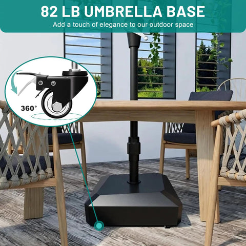 Mobile Umbrella Base With Four Wheels Heavy Duty Outdoor Stand For Patio Use under table, lockable wheels detail shown.