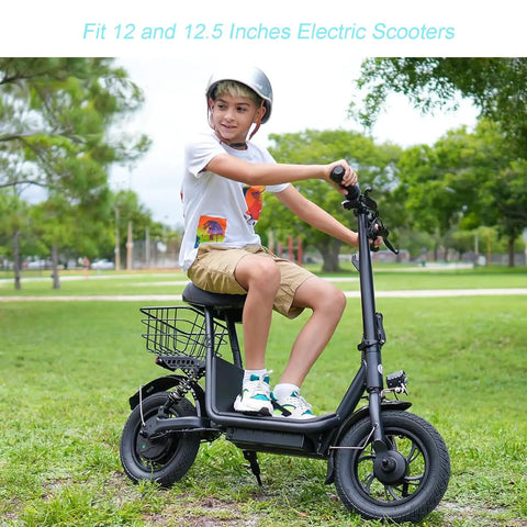 Boy riding electric scooter with 2 Pack 12.5x2.25 Inner Tubes For 12 And 12.5 Inch Electric Scooters And E Bike Replacement Tubes.