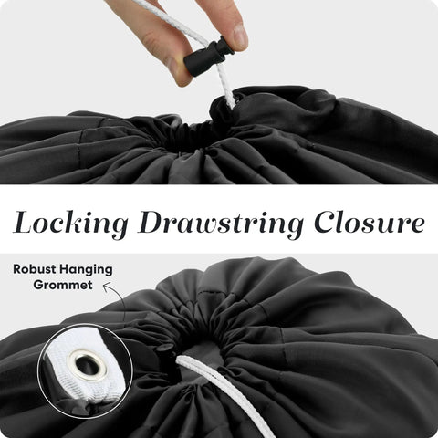 Heavy Duty Nylon Laundry Bag With Locking Drawstring, Large 30x40 Inch Capacity, close-up of locking mechanism in use.