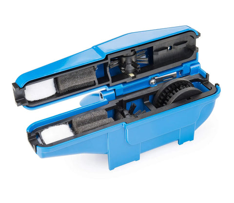 Open view of CM25 Professional Chain Scrubber Tool For Bike Chains Shop Grade With Four Sided Scrubbing Action Durable Blue Finish