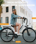 Woman riding High Power 1200W Electric Bike For Adults With 26 Inch Wheel 528Wh Removable Battery 28 MPH Top Speed in urban setting