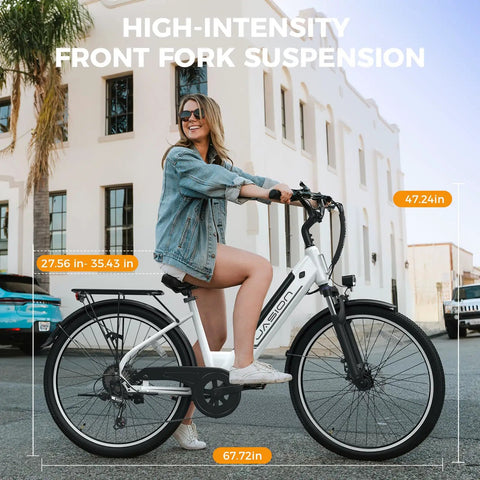 Woman riding High Power 1200W Electric Bike For Adults With 26 Inch Wheel 528Wh Removable Battery 28 MPH Top Speed in urban setting