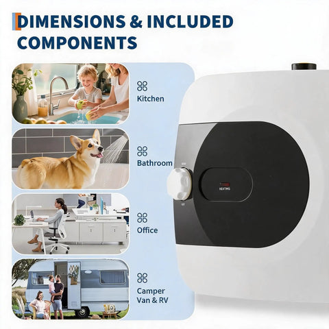 4 Gallon Mini Tank Under Sink Water Heater Pumps Out Heat On Tap For Kitchens And Bathrooms With Compact Footprint, shown in kitchen, bathroom, office, RV.