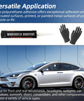 Windshield Repair Kit With Polyurethane Adhesive For Car Glass Chips And Cracks Quick Cure Weather Resistant Sealant 310ml With Gloves No Sag Bond For A Strong Hold And Safe Driving showing tube and gloves next to a white car