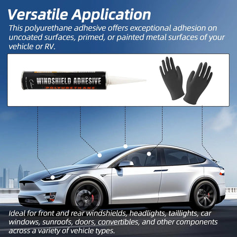 Windshield Repair Kit With Polyurethane Adhesive For Car Glass Chips And Cracks Quick Cure Weather Resistant Sealant 310ml With Gloves No Sag Bond For A Strong Hold And Safe Driving showing tube and gloves next to a white car