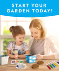 Mother and daughter painting pots with Kids Flower And Herb Gardening Kit With Three Stainless Steel Pots and Seed Pack.