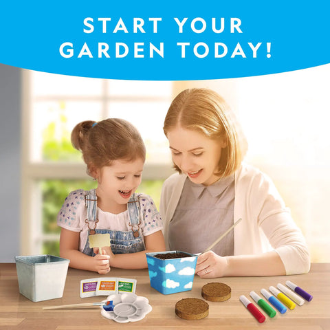 Mother and daughter painting pots with Kids Flower And Herb Gardening Kit With Three Stainless Steel Pots and Seed Pack.