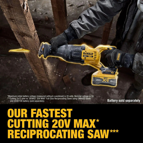 Person using Fast Cutting 20V Max XR Brushless Cordless Reciprocating Saw Tool Only With 1-1/8 Inch Stroke on wood beam