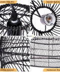 Close-up details of One Light Rattan Woven Pendant Lamp In Black Finish Handmade Hanging Lampshade with adjustable wire and bulb base.