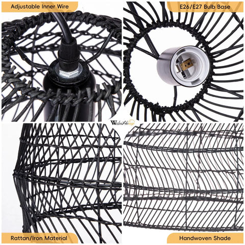 Close-up details of One Light Rattan Woven Pendant Lamp In Black Finish Handmade Hanging Lampshade with adjustable wire and bulb base.