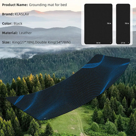 Bed Grounding Mat Kit For Better Sleep And Stress Relief, Queen Size Grounding Mattress Pad with scenic background, dimensions shown.
