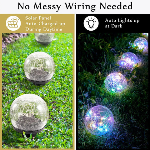 4 Pack Solar Globe Lights Outdoor Waterproof LED Cracked Glass Orbs For Pathways Walkways Garden Lawn Decoration Day Night