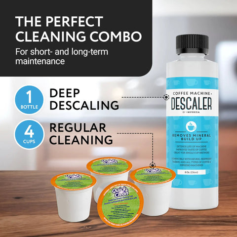 Descale And Clean Like A Pro Coffee Machine Descaler Bundle with bottle and 4 maintenance pods on kitchen counter.