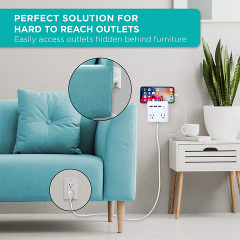 Power Reach Multi-Outlet Extender With 2 Outlets, 4 USB Ports, 1 USB-C And 3 USB-A, 6 Ft Extension Cord in living room setup