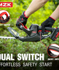 22 Inch Cordless Hedge Trimmer With 20V Battery Included For No Fuss Yard Work Lightweight Handheld Hedge Cutter For Bushes And Shrubs Power Packed Yet Compact Trimmer Quick 5/8 Inch Cutting Charger Included shown in use with dual switch feature