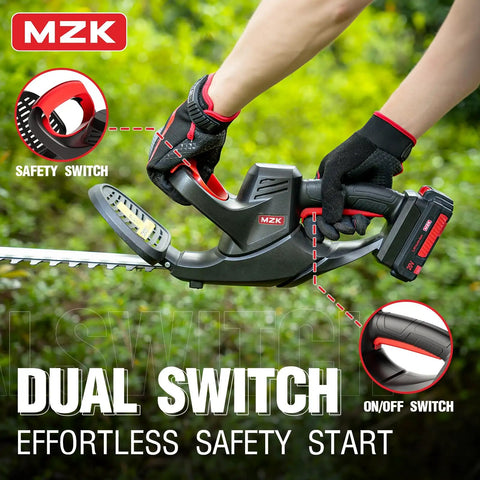 22 Inch Cordless Hedge Trimmer With 20V Battery Included For No Fuss Yard Work Lightweight Handheld Hedge Cutter For Bushes And Shrubs Power Packed Yet Compact Trimmer Quick 5/8 Inch Cutting Charger Included shown in use with dual switch feature