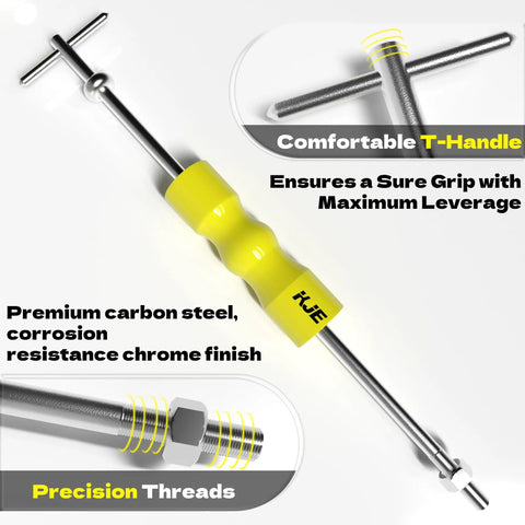 CV Axle Removal Tool And Puller Kit With 50mm And 64mm Forks, Slide Hammer, 4 Piece CV Joint Fork Set For Ford Taurus, Mercury Sable, SVT Raptor, Lincoln Navigator, A Real Workhorse Shaft Puller For Easy Axle Service. chrome steel slide hammer with yellow T-handle and precision threads