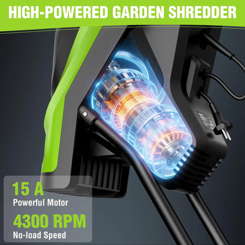 Electric Wood Chipper For Yard Cleanup With 15 Amp Motor, 4300 RPM, highlighting powerful motor and inner workings.