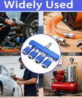 Four Way Air Manifold One Quarter Inch Air Hose Splitter Industrial Quick Connect Fitting Use in Garage with Blue Aluminum Sleeve