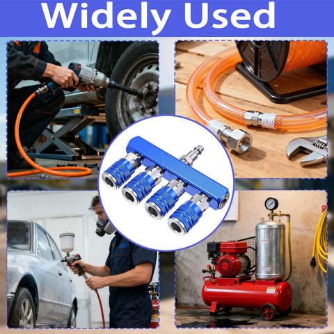Four Way Air Manifold One Quarter Inch Air Hose Splitter Industrial Quick Connect Fitting Use in Garage with Blue Aluminum Sleeve