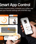 Smart app control for Fully Automatic Espresso Machine With Conical Burr Grinder And Smart Hot Cold Milk Frother, showing user interface and coffee.