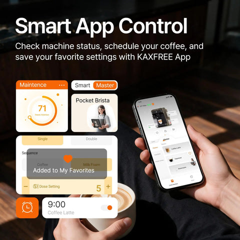 Smart app control for Fully Automatic Espresso Machine With Conical Burr Grinder And Smart Hot Cold Milk Frother, showing user interface and coffee.