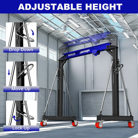 Real Deal 3 Ton Gantry Crane With 6600 Lbs Load Rating And Thick Steel Build For Demanding Shop Jobs showing adjustable height feature.