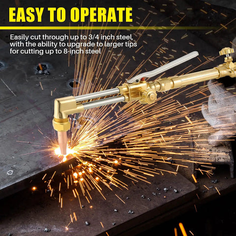 Heavy Duty Oxygen Acetylene Cutting Torch Kit With Attachment And 315FC Handle in use, sparks flying during steel cutting