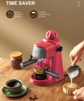Solid Espresso And Cappuccino Machine Brings Super Quick Heat To Your Kitchen Counter, pink countertop model brewing espresso.