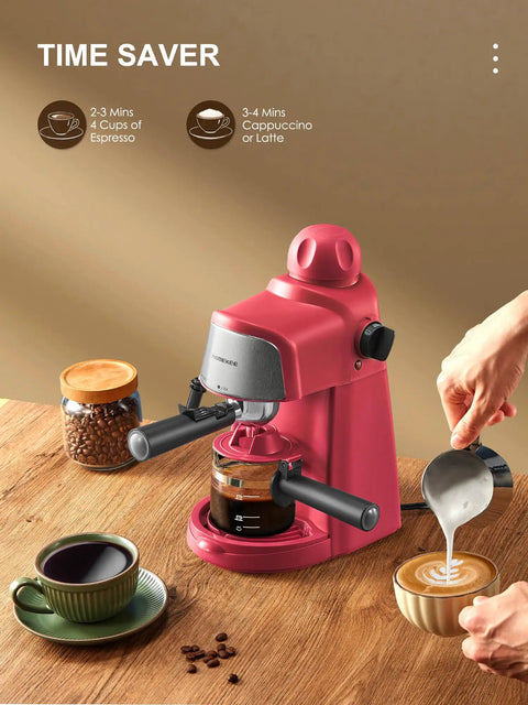 Solid Espresso And Cappuccino Machine Brings Super Quick Heat To Your Kitchen Counter, pink countertop model brewing espresso.