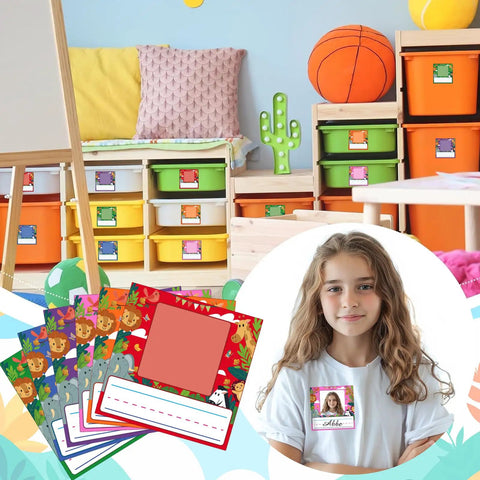 Kids Photo Nameplates For Desk Self Adhesive Name Tags With Photo Space 48 Pieces In 6 Cool Animal Themed Styles in classroom setting