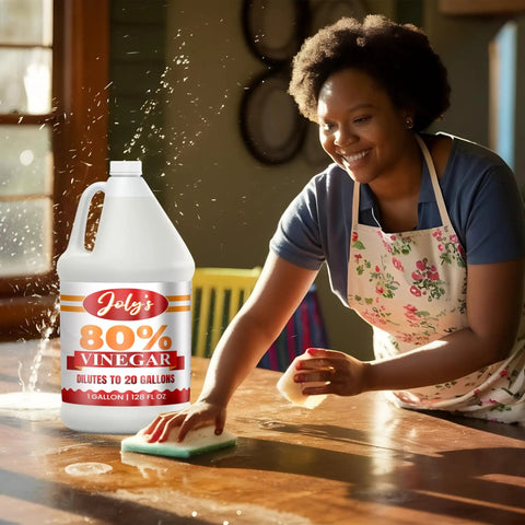 Smiling person using Heavy Duty Industrial Strength Vinegar Concentrate With Eighty Percent Acetic Acid For Tough Cleaning At Home And Outdoor Jobs Dilutes Easily Technical Grade Safe For Septic Systems 128 Ounce Bottle to clean a wooden table.