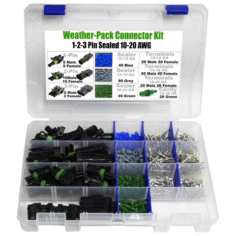 Dope 374 Piece Weather-Pack Connector Kit With Sealed Automotive Terminals For 1 To 3 Pin Holes Perfect For 20 Amp Wiring And 10 To 20 Gauge Cabled Electronics Projects, open organizer case