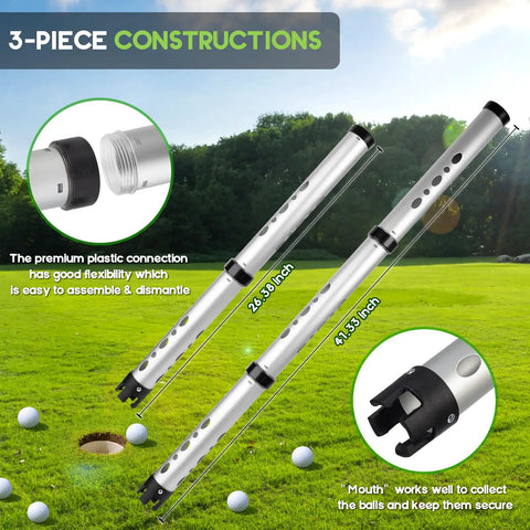 Aluminum Alloy Golf Ball Retriever 3 Piece Kit, 41.3 Inch Reach, displaying adjustable sections and grip on golf course.