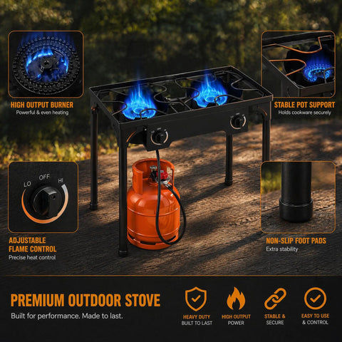 Two Burner Propane Stove For Outdoor Cooking With 150,000 BTU Total, showcasing blue flames and control knobs outdoors.