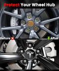 Comparison of Tesla Model 3 wheel before and after using 4 Pack Center Hub Caps With 22 Lug Nut Covers For Tesla Model 3 And Model Y.