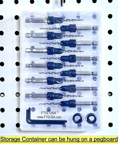12 Pc Pro Grade Adjustable Wood Countersink Drill Bit Kit in storage case with hex wrench and depth stop collars on pegboard
