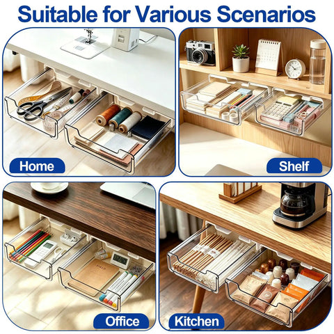 Under Desk Storage Drawer Organizer Two Pack Stick On Self Adhesive Slide Out Drawers used in home, office, shelf, and kitchen.